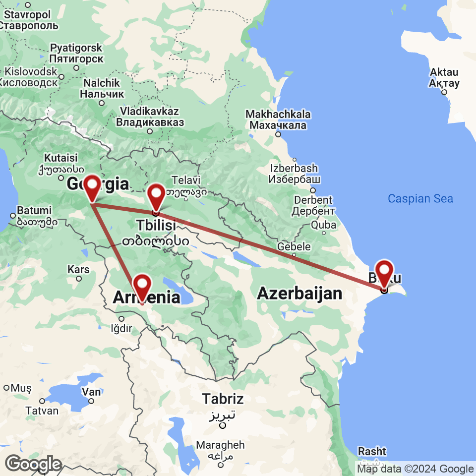 Route for Baku, Tbilisi, Borjomi, Yerevan tour
